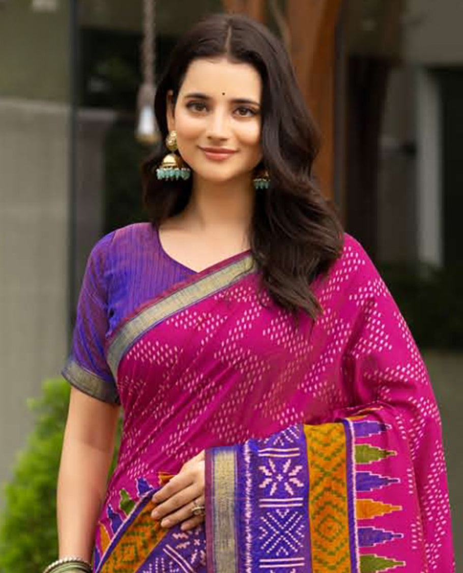 Pink Dobby Buttas Fancy Raw-Silk Designer Catalog Saree, a Contrast Geometric Border, a Contrast Blouse