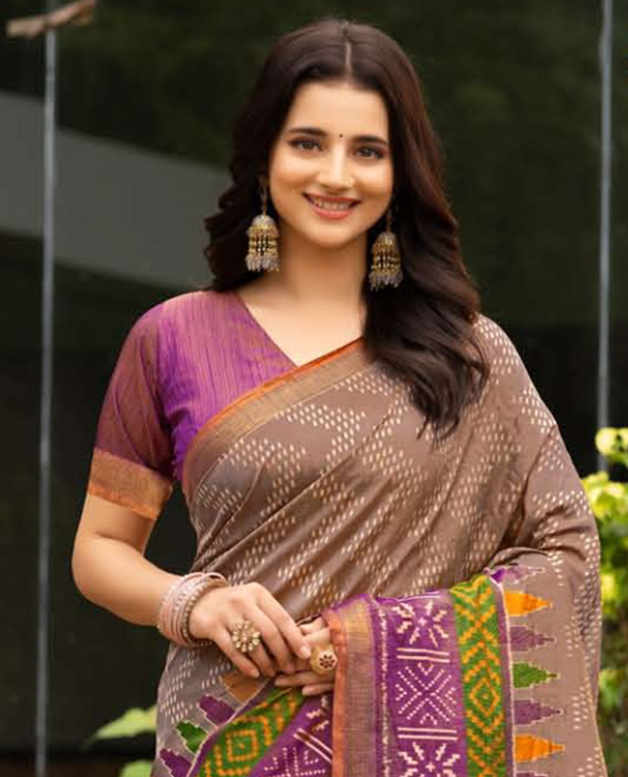 Brown Dobby Buttas Fancy Raw-Silk Designer Catalog Saree, a Contrast Geometric Border, a Contrast Blouse