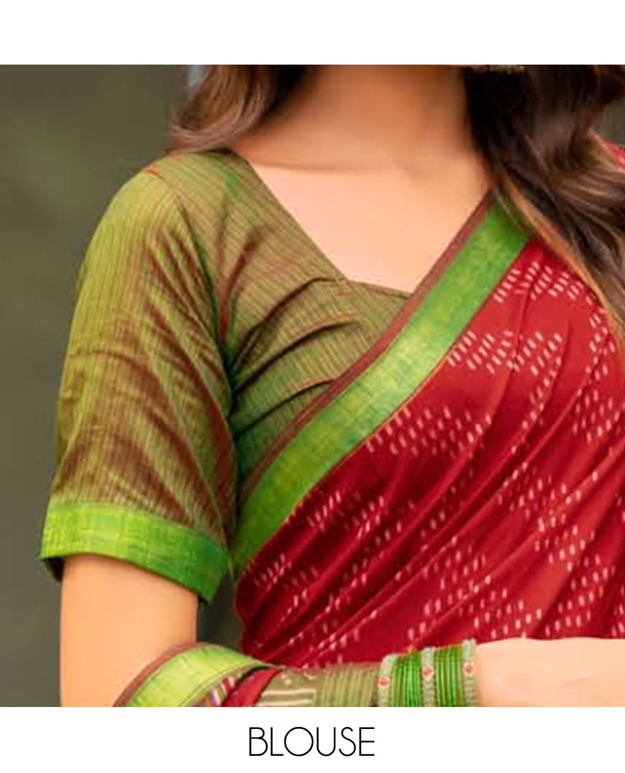 Red Dobby Buttas Fancy Raw-Silk Designer Catalog Saree, a Contrast Geometric Border, a Contrast Blouse