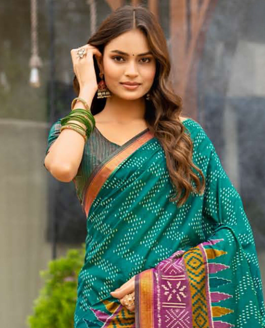 Peacock Green Dobby Buttas Fancy Raw-Silk Designer Catalog Saree, a Contrast Geometric Border, a Matching Blouse