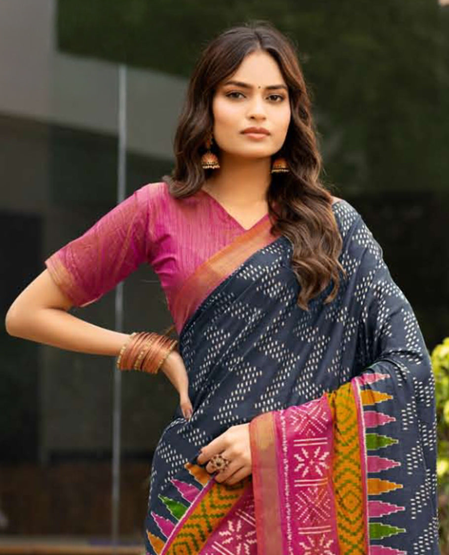 Grey Dobby Buttas Fancy Raw-Silk Designer Catalog Saree, a Contrast Geometric Border, a Contrast Blouse