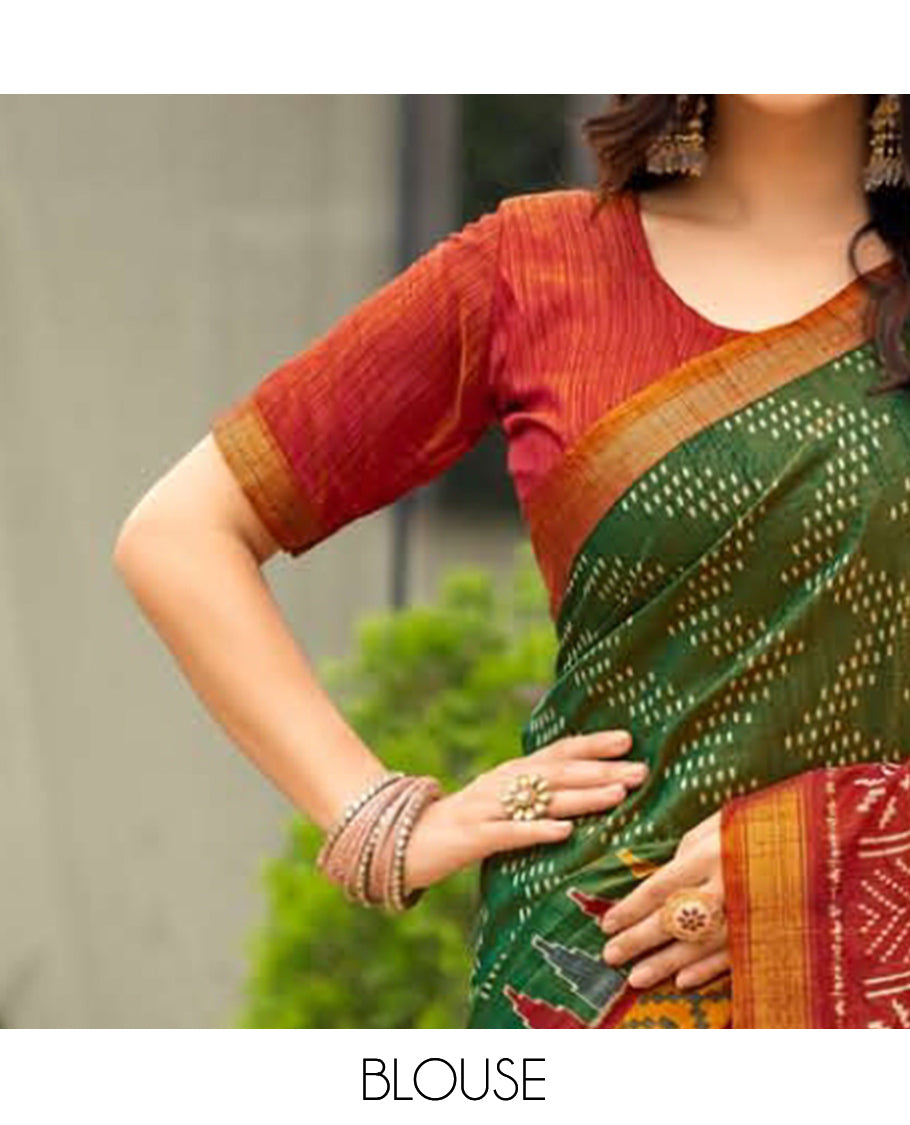 Green Dobby Buttas Fancy Raw-Silk Designer Catalog Saree, a Contrast Geometric Border, a Contrast Blouse