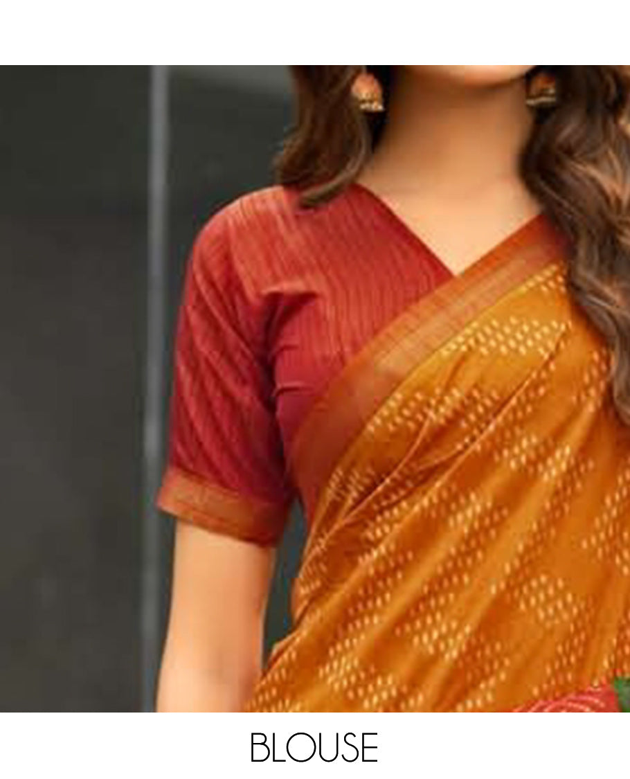 Orange Dobby Buttas Fancy Raw-Silk Designer Catalog Saree, a Contrast Geometric Border, a Contrast Blouse
