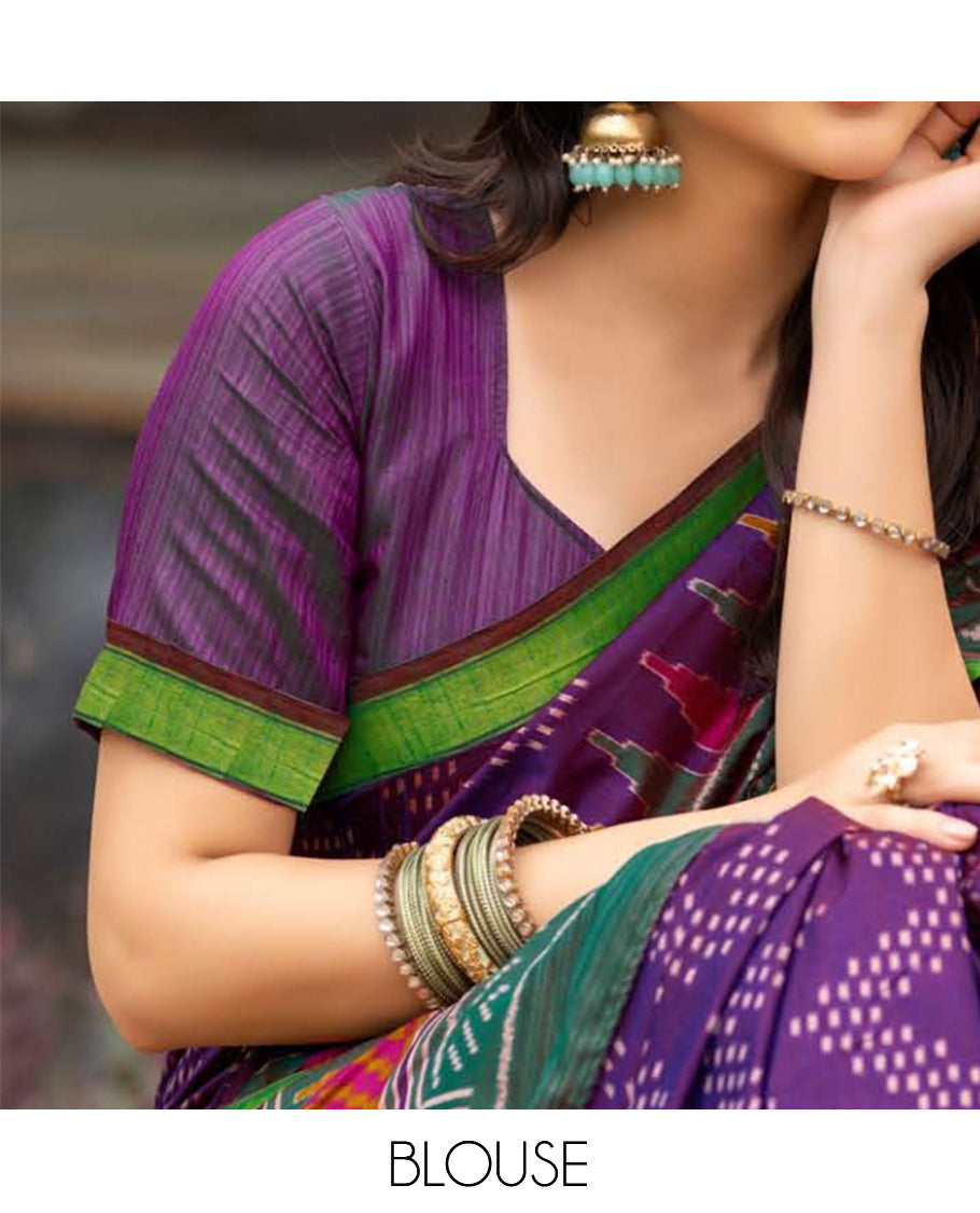 Violet Dobby Buttas Fancy Raw-Silk Designer Catalog Saree, a Contrast Geometric Border, a Matching Blouse