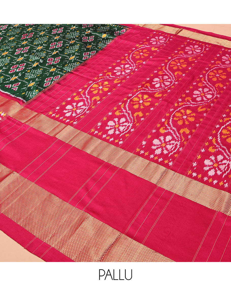Green Pochampally Ikat Silk Saree, Accentuated with Intricate Designs, a Contrast Border of Floral Creeper and Peacock-Eye Designs, Floral Creeper Pallu, and a Contrast Blouse