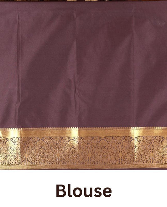 Brown Kanchipuram budget silk saree artfully woven with chakram zari butta enclosed checks all over its body, complemented by zari traditional design border, Mughal-style intricately woven pallu, and paired with a Matching blouse