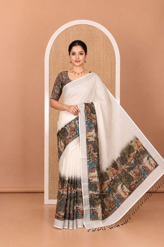 Cream-Orange Linen Cotton Saree Features Plain and Mughal-Style Print, a Zari Border, Printed Pallu, and a Contrast Blouse