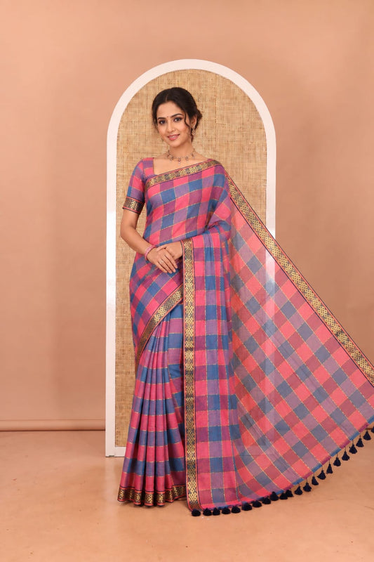 Blue-Pink Checked Khadi Mul Cotton Saree, a Subtle Kolam Zari Buttas Border, a Self-Pallu, and a Matching Blouse