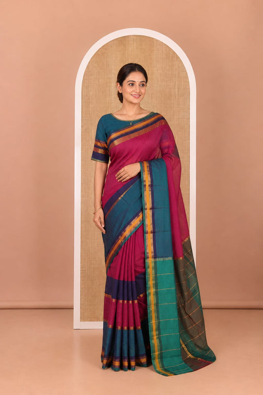 Purple Mercerised Cotton Saree, Adorned with Multi-Colour Stripes, a Contrast Border, Striped Pallu, and a Matching Blouse