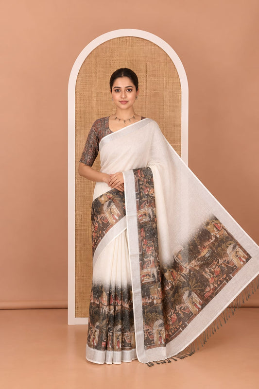 Cream-Red Linen Cotton Saree Features Plain and Mughal-Style Print, a Zari Border, Printed Pallu, and a Contrast Blouse