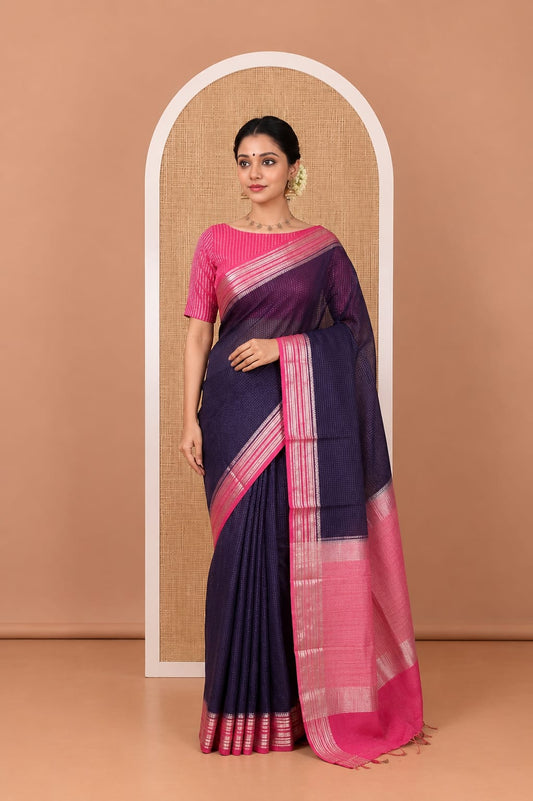 Navy Blue Zari Checked Art Crepe Saree, Contrast Horizontal Striped Border, Zari Striped Pallu, and a Contrast Blouse