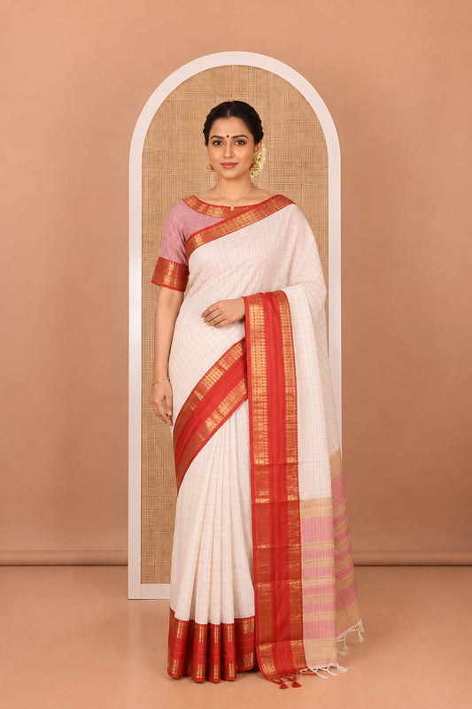 Cream-Red Checked Art Soft Silk Saree, Complemented by Contrast Traditional Retai Pettu Border, Striped Pallu, and a Contrast Blouse