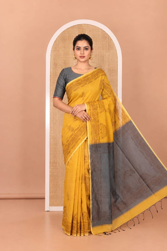 Yellow Khadi Cotton Saree, Decked Up with Flower Motifs, Printed Border, Contrast-Printed Pallu, and a Contrast Blouse