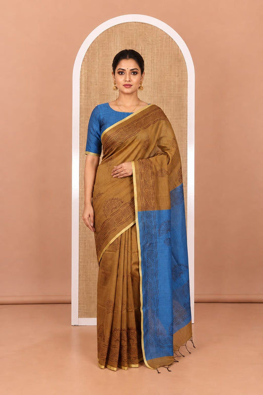 Mustard Khadi Cotton Saree, Ornamented with Flower Motifs, Printed Border, Contrast-Printed Pallu, and a Contrast Blouse