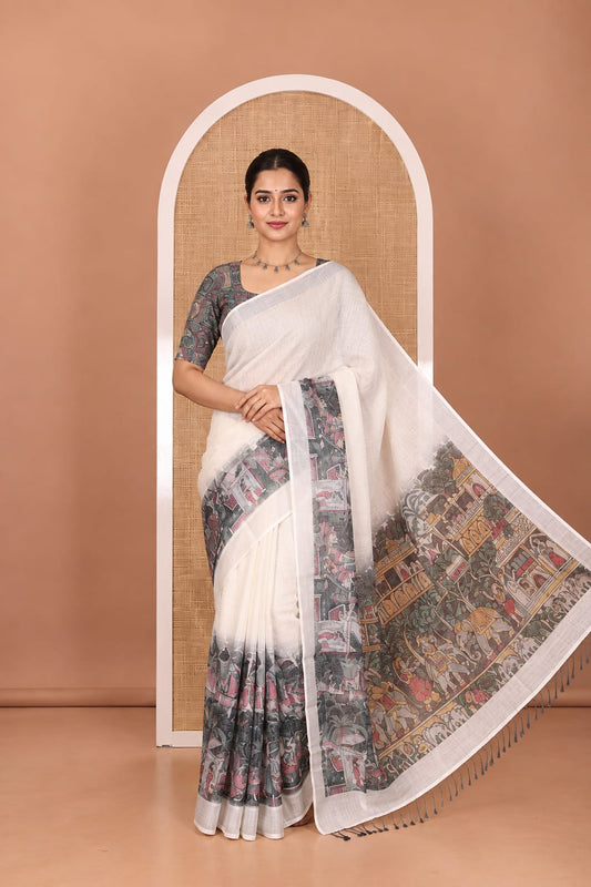 Cream-Pink Linen Cotton Saree Features Plain and Mughal-Style Print, a Zari Border, Printed Pallu, and a Contrast Blouse