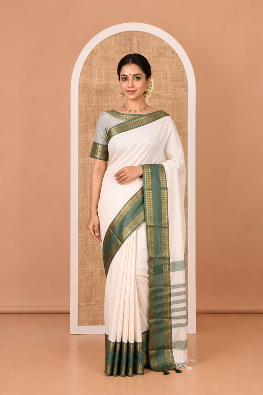 Cream-Green Checked Art Soft Silk Saree, Complemented by Contrast Traditional Retai Pettu Border, Striped Pallu, and a Contrast Blouse