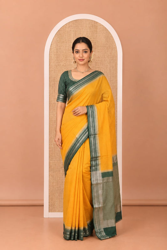 Yellow Zari Checked Art Crepe Saree, Contrast Horizontal Striped Border, Zari Striped Pallu, and a Contrast Blouse