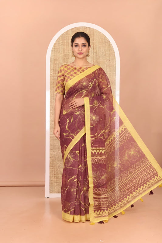 Brown Abstract Printed Linen Cotton Saree, Complemented by a Contrast Border, Floral Printed Pallu, and a Contrast Blouse