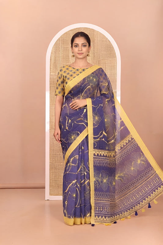Royal Blue Abstract Printed Linen Cotton Saree, Complemented by a Contrast Border, Floral Printed Pallu, and a Contrast Blouse