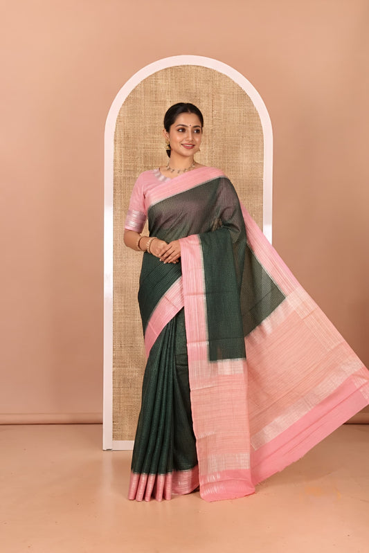Green Zari Checked Art Crepe Saree, Contrast Horizontal Striped Border, Zari Striped Pallu, and a Contrast Blouse
