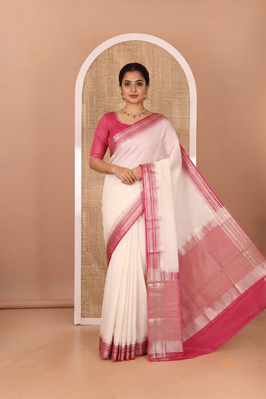 Cream Zari Checked Art Crepe Saree, Contrast Horizontal Striped Border, Zari Striped Pallu, and a Contrast Blouse