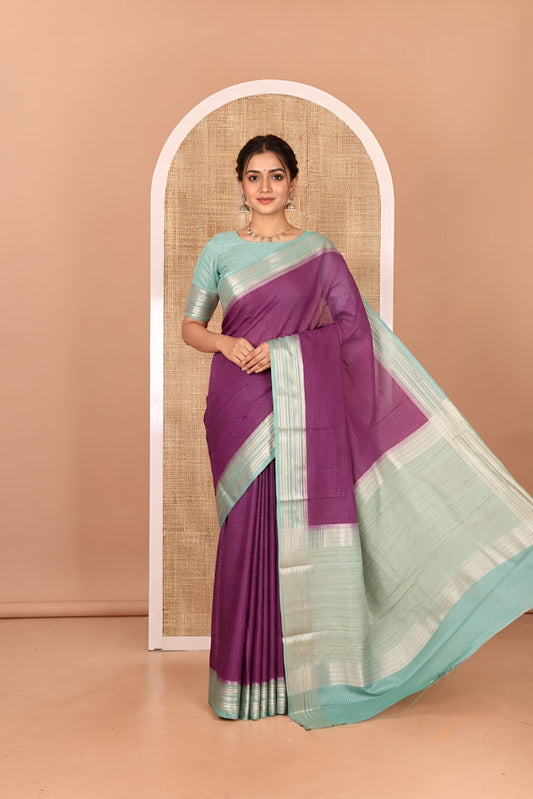 Violet Zari Checked Art Crepe Saree, Contrast Horizontal Striped Border, Zari Striped Pallu, and a Contrast Blouse