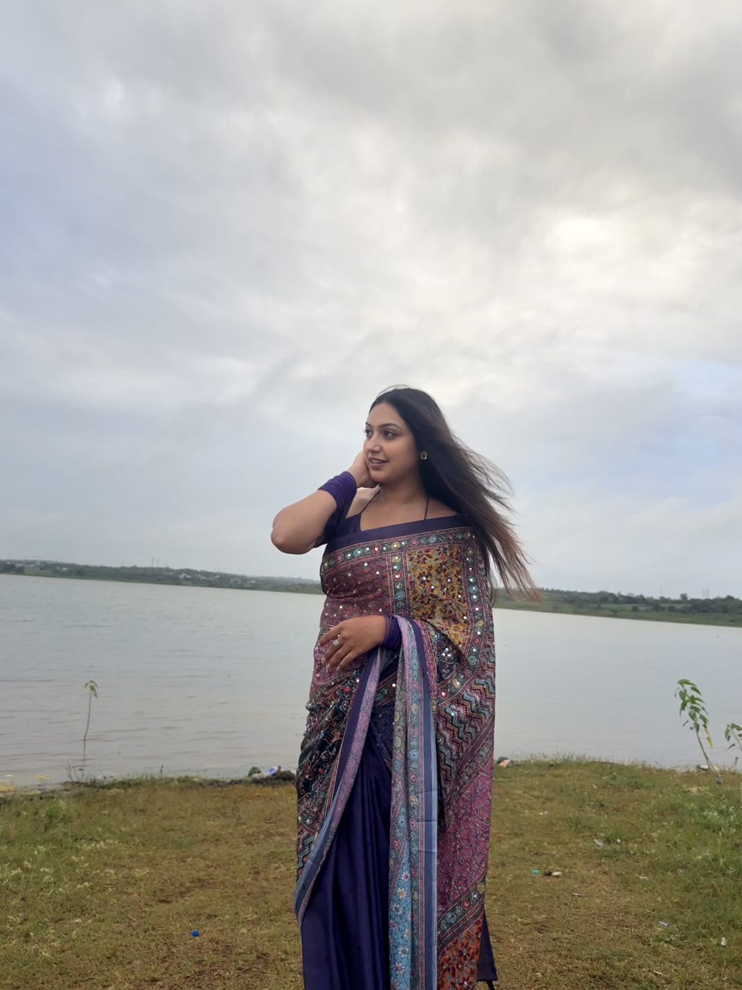 Navy blue-base colorful Mughal-style motifs printed & real mirror embroidery masakali saree, self-border, pallu of print & mirrorwork and matching blouse