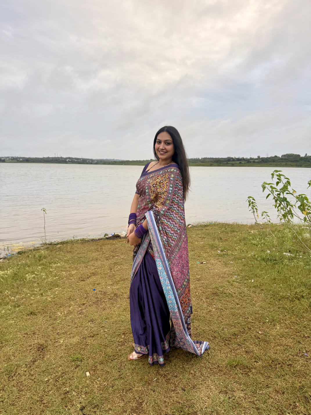 Navy blue-base colorful Mughal-style motifs printed & real mirror embroidery masakali saree, self-border, pallu of print & mirrorwork and matching blouse
