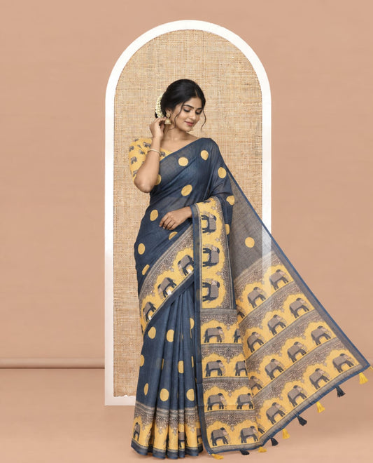 Navy Blue Linen Cotton Saree Features Polka Dots, a Contrast One-sided Elephant Motif Border, Elephant Motif Pallu, Contrast Blouse