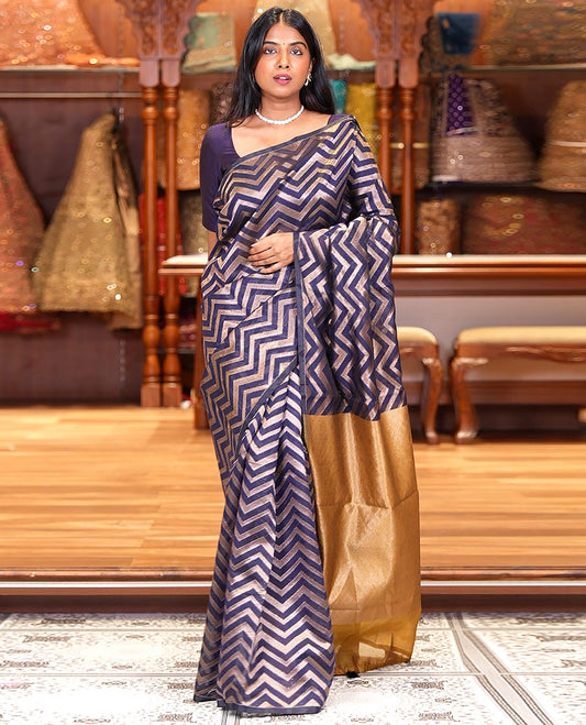 Borderless Blue Chanderi Cotton Saree, Adorned with Chevron Zari Stripes on Its Body, Complemented by Contrast Intricate Jaal Pallu, and Paired with Contrast Blouse