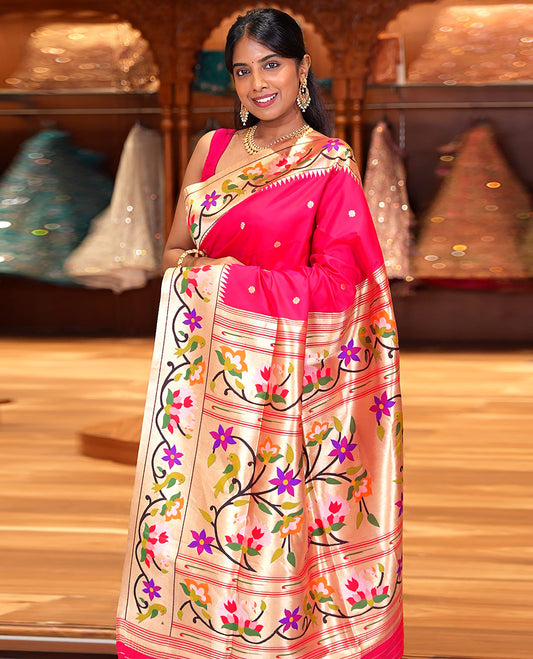 Red Paithani Art Silk Saree, Ornamented with Flower Buttas All Over Its Body, Highlighted by Zari Border Pictures Colorful Floral, and Parrot Designs, Pallu of Muniya, Floral and Parrot Designs, and Paired with a Matching Blouse