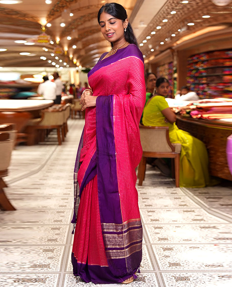 Pink Assam Silk Saree, Gleamed Up with Zari Checked Design on Its Body, Complemented by Contrast Border, Pallu Steeped with Gleaming Zari Stripes, and Paired with a Contrast Blouse