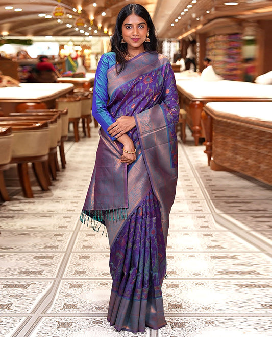 Purple Litchi Saree, Artfully Detailed with Floral and Giraffe Designs in Resham Thread and Zari, Complemented by Contrast Floral Zari Border, Grand Jaal Design Pallu, and Paired with a Contrast Blouse