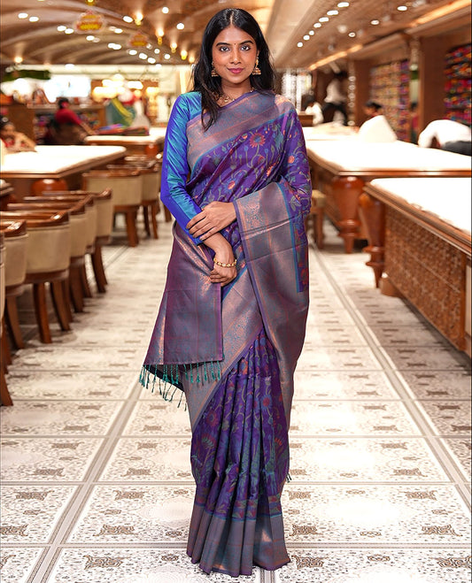 Purple Litchi Saree, Artfully Detailed with Floral and Giraffe Designs in Resham Thread and Zari, Complemented by Contrast Floral Zari Border, Grand Jaal Design Pallu, and Paired with a Contrast Blouse