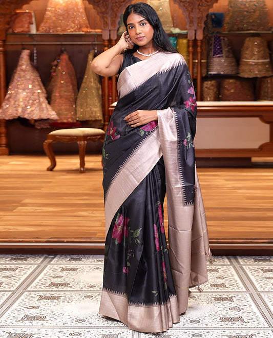 Black Fancy Tussar Silk Saree, Embellished with Floral Cross Stitch Embroidery All Over Its Body, Complemented by a Contrast Temple Zari Checked Border, Pallu of Checked Designs, and Paired with a Contrast Blouse
