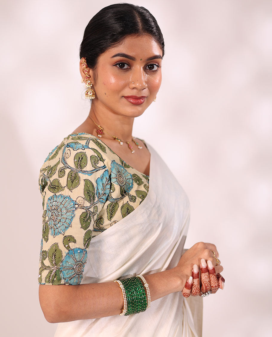 Sandal-base kalamkari floral vine hand-painted & kardana embroidered front & back roundneck elbow sleeve readymade blouse