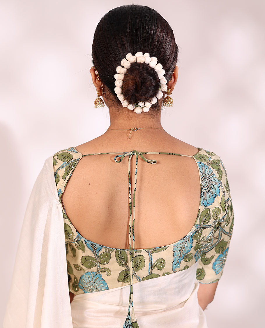 Sandal-base kalamkari floral vine hand-painted & kardana embroidered front & back roundneck elbow sleeve readymade blouse