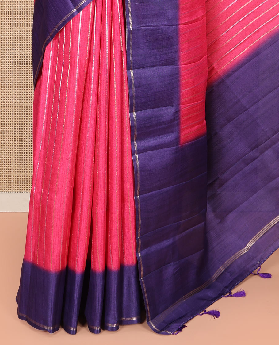 Pink Fancy Tussar Saree, Highlighted by Vertical Zari Stripes Across Its Body, Complemented by Captivating Contrast Geometric Patterned Border, Subtle Pallu and Paired with a Contrast Blouse