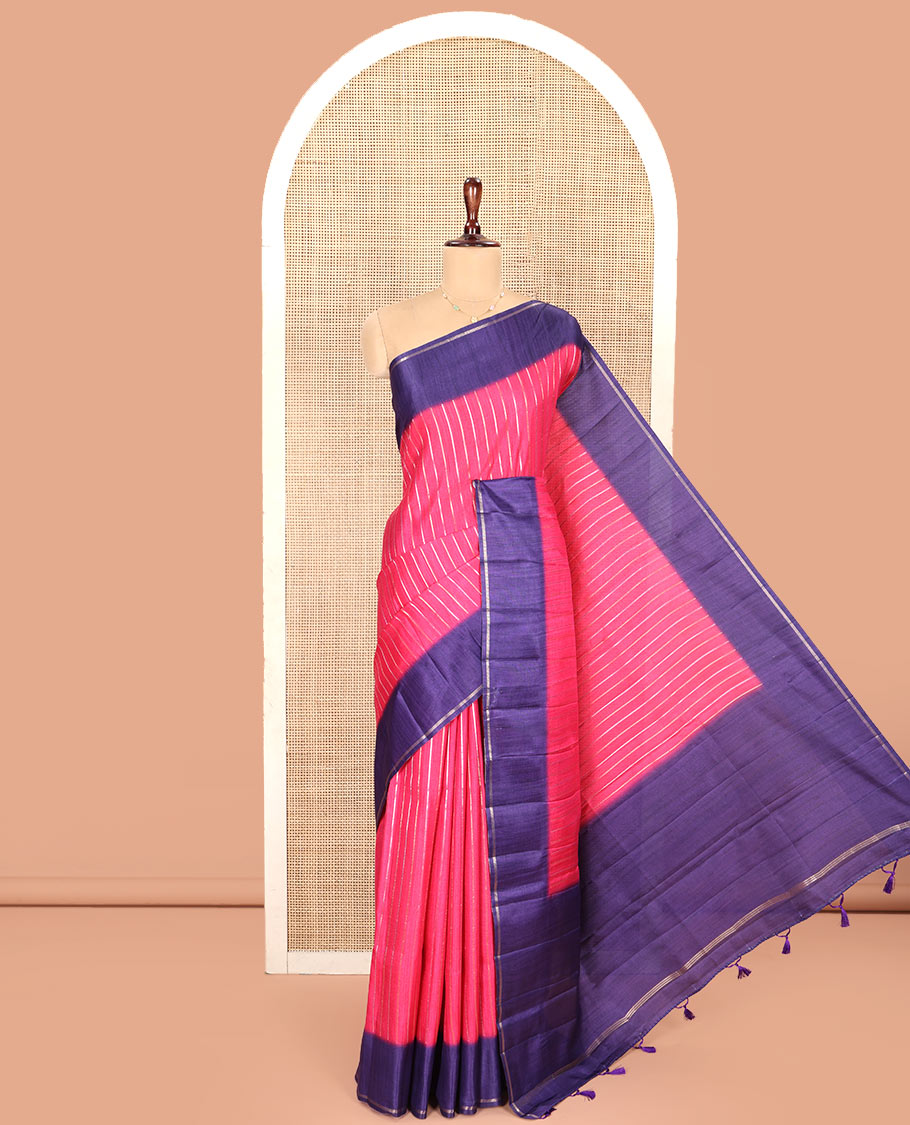 Pink Fancy Tussar Saree, Highlighted by Vertical Zari Stripes Across Its Body, Complemented by Captivating Contrast Geometric Patterned Border, Subtle Pallu and Paired with a Contrast Blouse