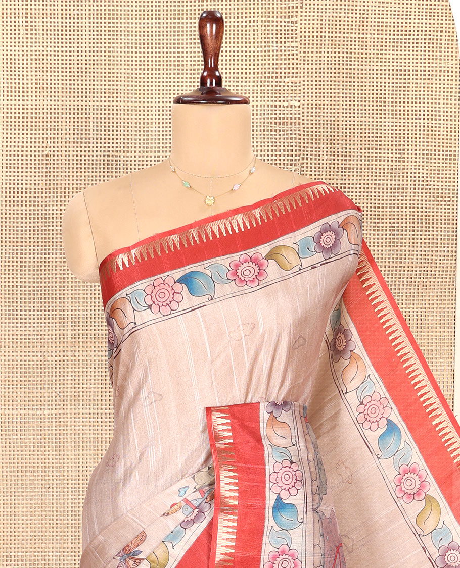 Chikku-Red Fancy Tussar Saree, Artfully Detailed with Kalamkari-Style Floral Print Across Its Body, Complemented by Contrast Temple Zari Border, a Colourfully Kalamkari Printed Pallu, and Paired with a Plain Blouse
