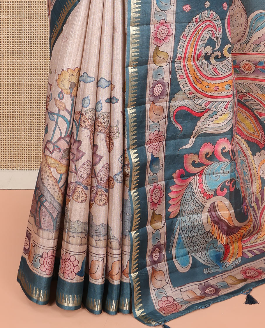 Chikku-Green Fancy Tussar Saree, Artfully Detailed with Kalamkari-Style Floral Print Across Its Body, Complemented by Contrast Temple Zari Border, a Colourfully Kalamkari Printed Pallu, and Paired with a Plain Blouse