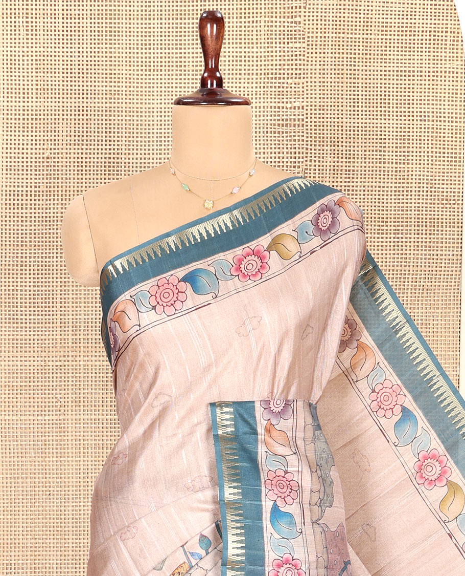 Chikku-Green Fancy Tussar Saree, Artfully Detailed with Kalamkari-Style Floral Print Across Its Body, Complemented by Contrast Temple Zari Border, a Colourfully Kalamkari Printed Pallu, and Paired with a Plain Blouse