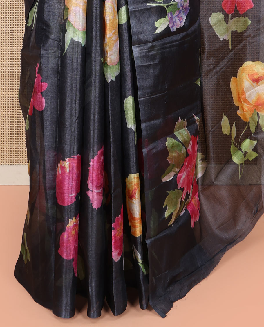Borderless Black Tussar Silk Saree, Finely Printed with Floral Motifs On Its Body, Subtly Floral Printed Pallu and Paired with a Printed Blouse