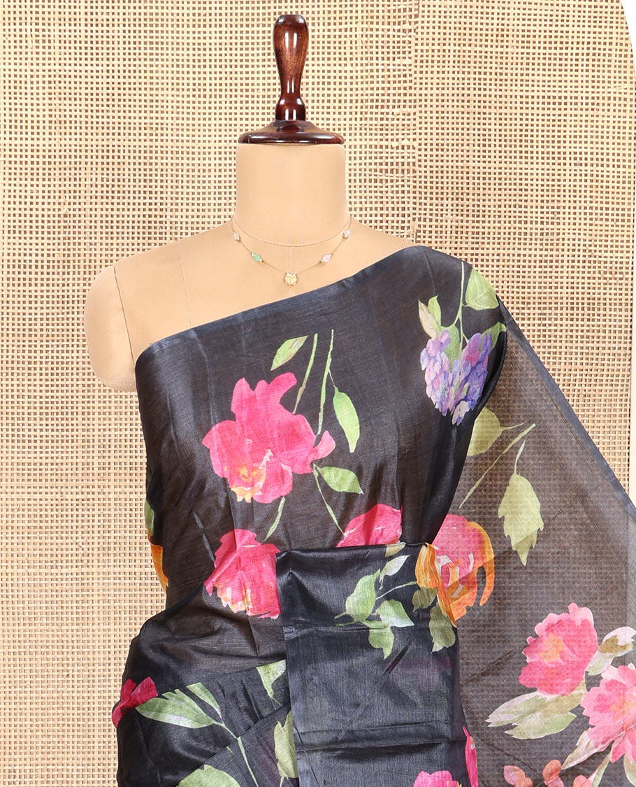 Borderless Black Tussar Silk Saree, Finely Printed with Floral Motifs On Its Body, Subtly Floral Printed Pallu and Paired with a Printed Blouse