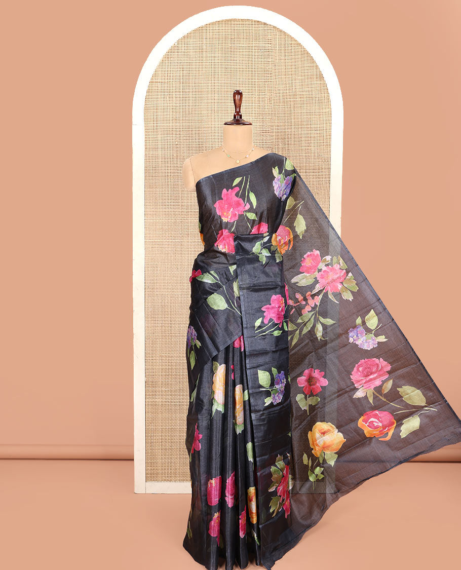 Borderless Black Tussar Silk Saree, Finely Printed with Floral Motifs On Its Body, Subtly Floral Printed Pallu and Paired with a Printed Blouse