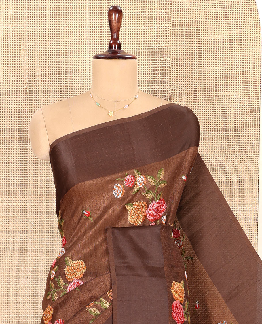 Brown Green-Silk Saree, Colorfully Highlighted with Rose Motifs Cross Stitch Embroidery on Its Body, Subtly Sparkled by a Plain Border, Pallu of Rose Cross Stitch Embroidery, and Paired with a Contrast Blouse