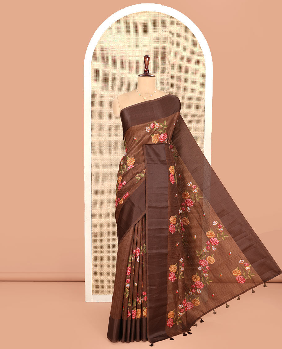 Brown Green-Silk Saree, Colorfully Highlighted with Rose Motifs Cross Stitch Embroidery on Its Body, Subtly Sparkled by a Plain Border, Pallu of Rose Cross Stitch Embroidery, and Paired with a Contrast Blouse