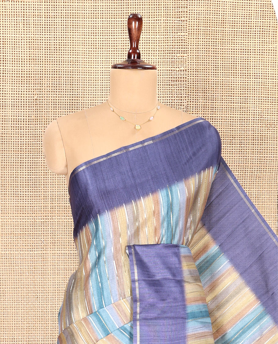 Blue Striped Semi-Tussar Silk Saree, Adorned with Vertical Zari Stripes on Its Body, Subtle Zari Border, a Subtle Pallu, and Paired with a Contrast Striped Blouse
