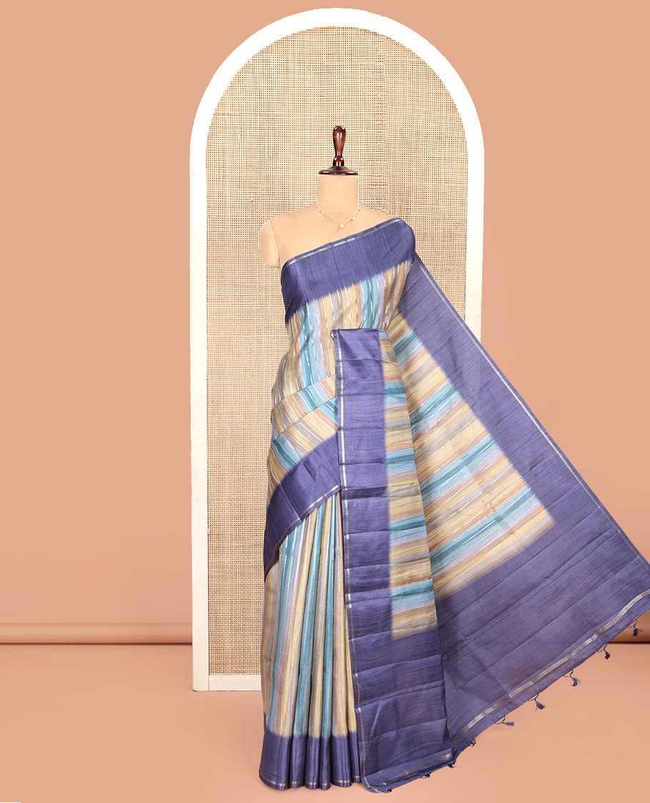 Blue Striped Semi-Tussar Silk Saree, Adorned with Vertical Zari Stripes on Its Body, Subtle Zari Border, a Subtle Pallu, and Paired with a Contrast Striped Blouse