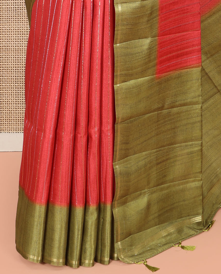 Rust Fancy Tussar Saree, Highlighted by Vertical Zari Stripes Across Its Body, Complemented by Captivating Contrast Geometric Patterned Border, Subtle Pallu and Paired with a Contrast Blouse